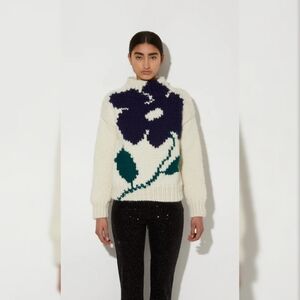 Free People Maiami Intarsia‎ Flower Pullover Merino Wool Sweater Ivory Size M/L